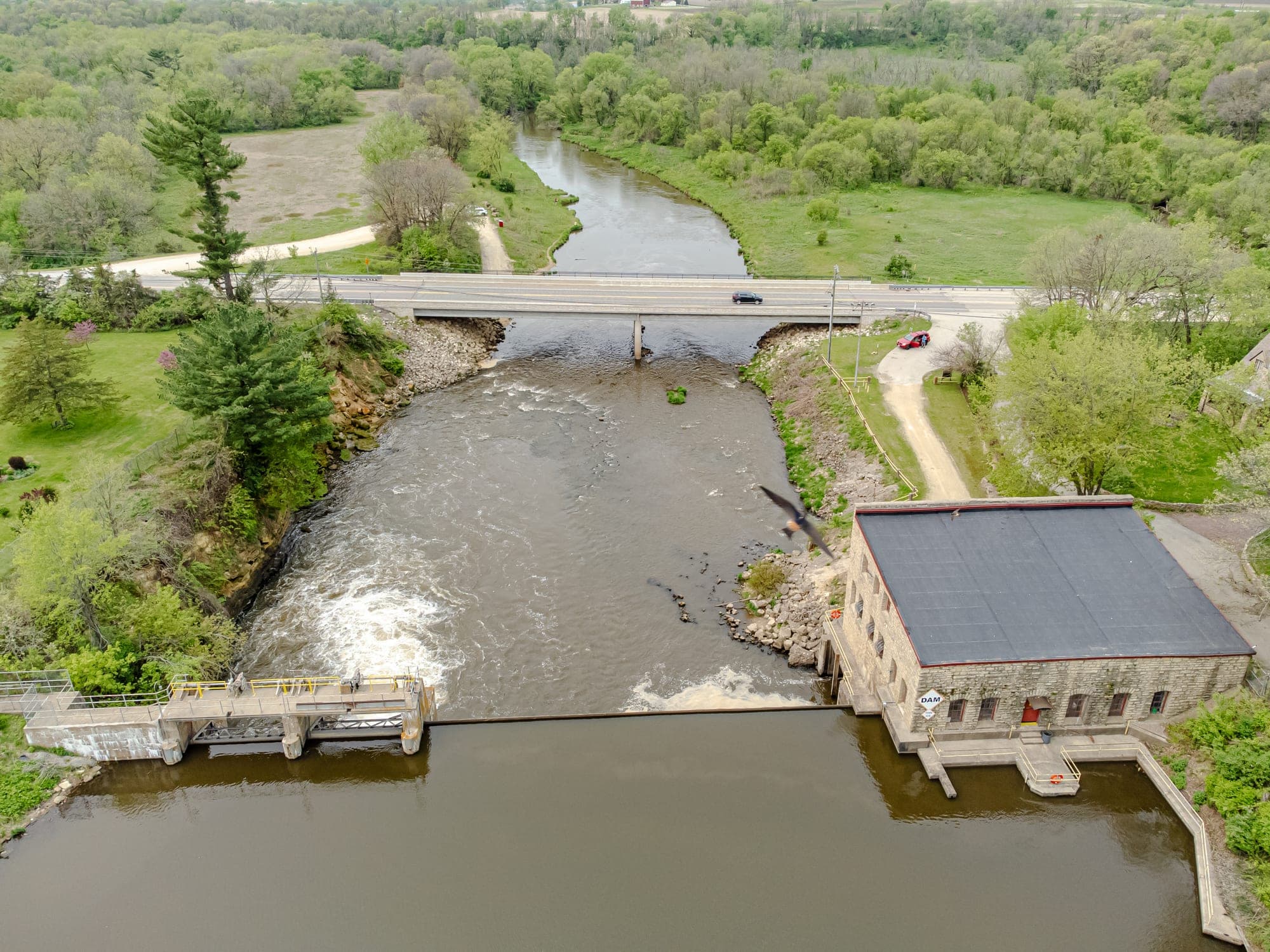 Aerial view of the Lake Neshonoc dam, Highway 16 bridge, and lower La Crosse River at Neshonoc Park