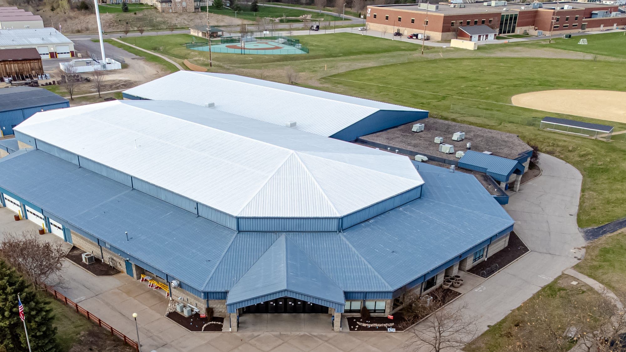 Aerial view of the Omni Center and athletic fields inside Van Riper Park