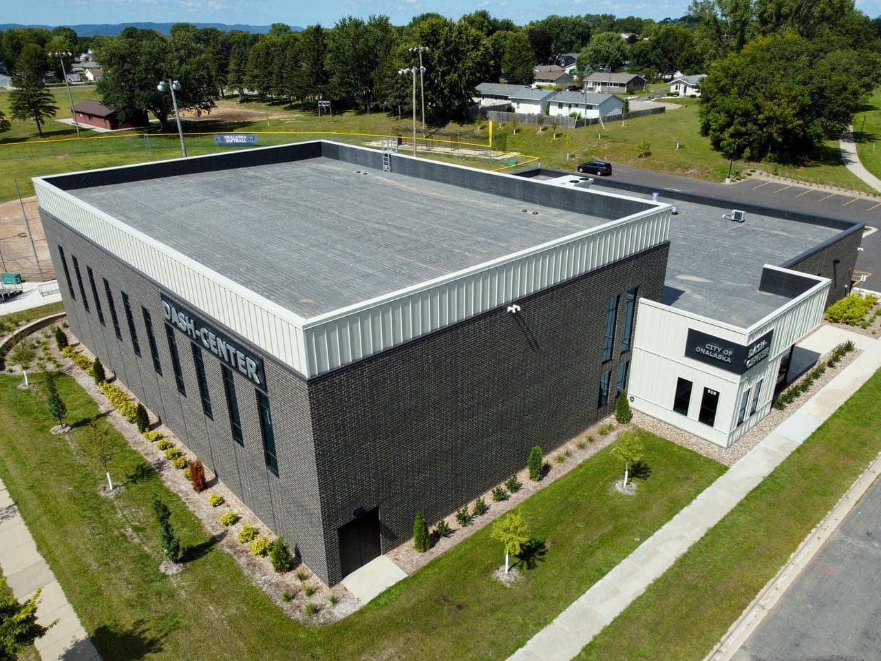 Aerial view of the DASH Center and surrounding Community Park grounds in Onalaska