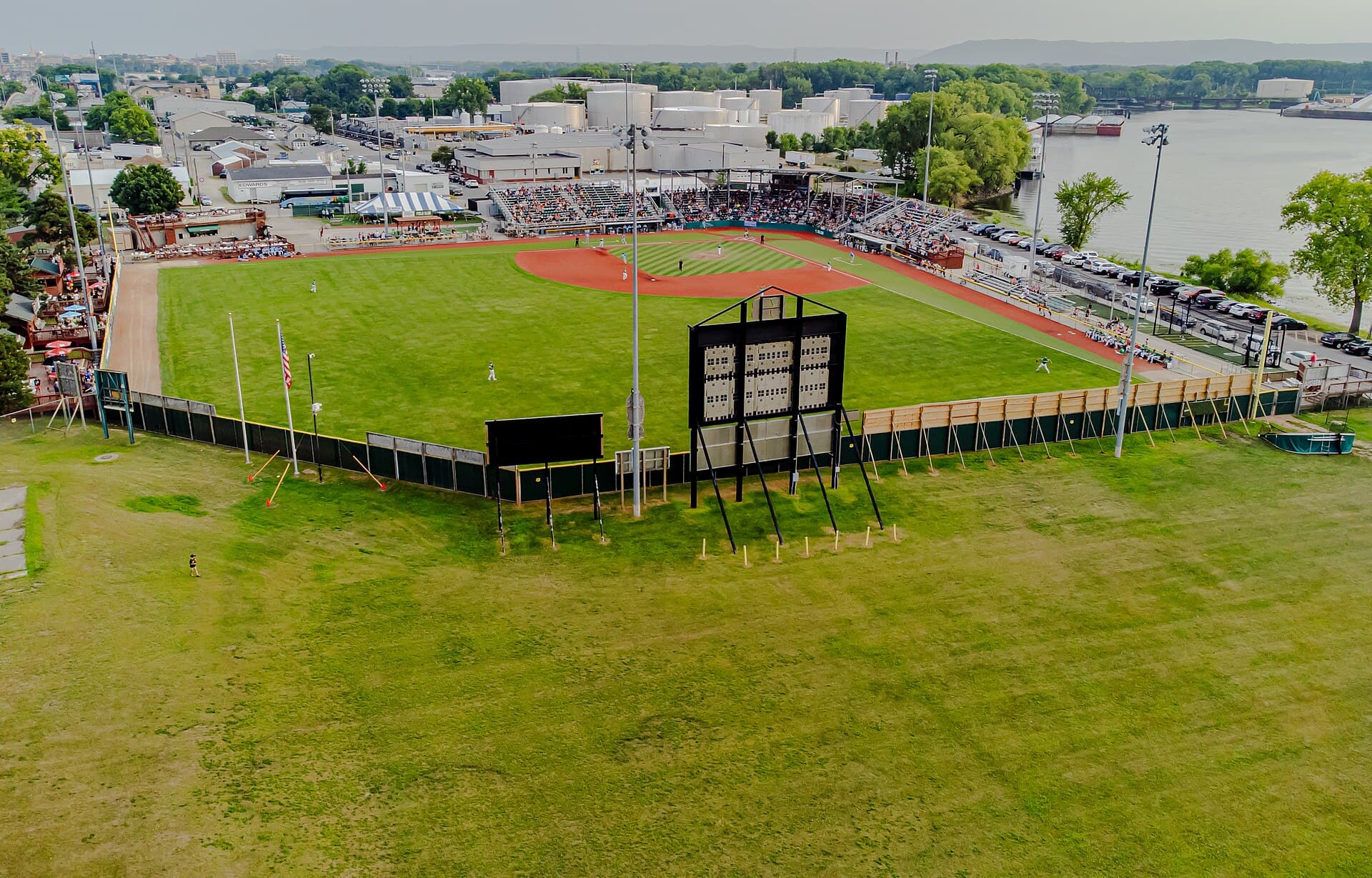 Aerial view of an active baseball game at the La Crosse Loggers ballpark in Copeland Park